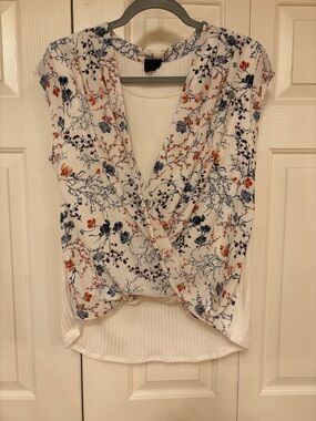 W5 Floral Wrap-Front Blouse — White with Blue & Rust Floral